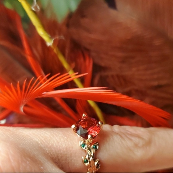 Grand Romantic Gesture Red Ruby Rose Emerald Green Leaf Gemstone 925 Golden Ring - Picture 4 of 5